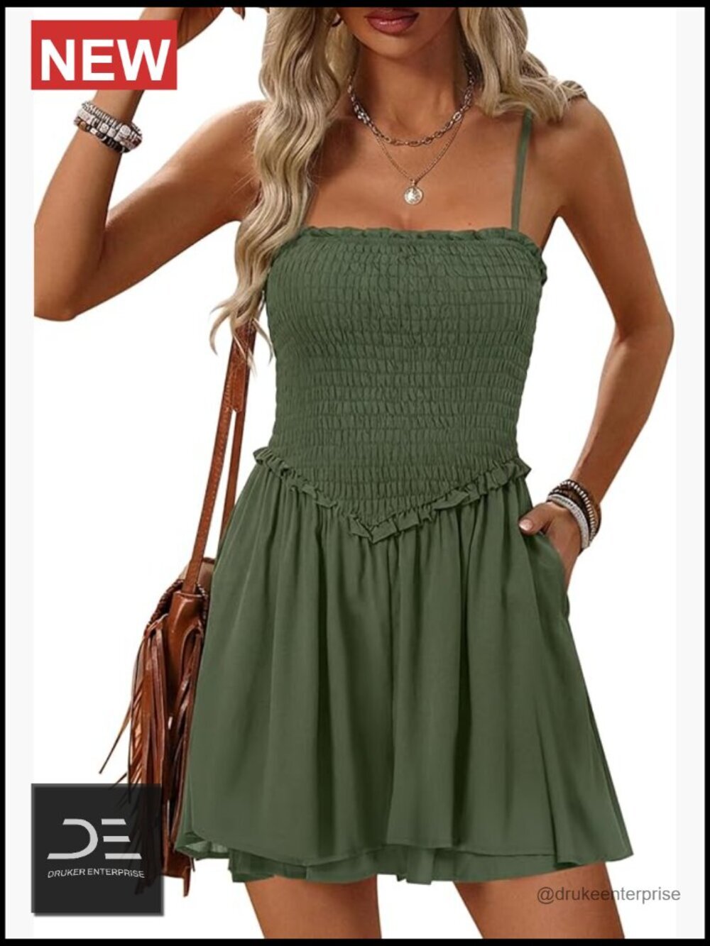 Smocked Sleeveless Spaghetti Strap Mini Romper with Pockets Summer Jumpsuit